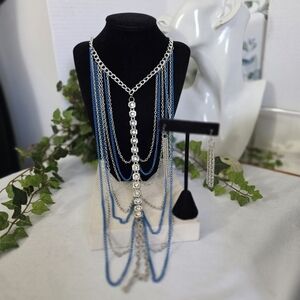 Silver and Blue Multi Chain Necklace and Earrings Set